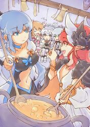 5girls blue_eyes brown_hair circe_(fate) fate/grand_order fate_(series) green_eyes highres holding holding_spoon jack_the_ripper_(fate/apocrypha) long_hair morgan_le_fay_(fate) multiple_girls open_mouth pointy_ears smile spoon white_hair
