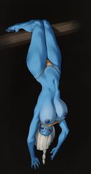 Rule 34 | 1girl, absurdres, alien, barefoot, blue skin, blush, breasts, collision dazer, colored skin, fewer digits, freckles, hanging, highres, hooves, huge breasts, jewelry, long hair, looking at viewer, lying, navel, nipples, no nose, on back, ponytail, red eyes, ring, shirt, solid eye, solid eyes, solo, suspension, t&#039;au, thong, upside-down, warhammer 40k, white hair