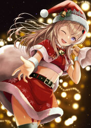 absurdres belt black_belt blonde_hair blurry blurry_background capelet christmas commission fur-trimmed_capelet fur-trimmed_headwear fur-trimmed_skirt fur_trim hat highres holding holding_sack iriam long_hair one_eye_closed red_capelet red_shirt red_skirt sack santa_costume santa_hat shirt skirt toramaru_orange virtual_youtuber white_wrist_cuffs wrist_cuffs