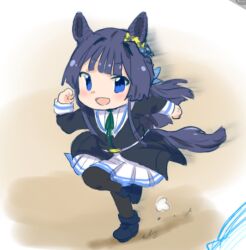 Rule 34 | 1girl, animal ears, arm up, black hair, black jacket, black pantyhose, black shoes, blue eyes, deformed, full body, green ribbon, horse ears, horse girl, horse tail, hutaba, idolmaster, idolmaster million live!, jacket, kemonomimi mode, long hair, long sleeves, looking at viewer, mogami shizuka, neck ribbon, open mouth, pantyhose, pleated skirt, ribbon, running, shoes, skirt, solo, standing, standing on one leg, tail, white skirt