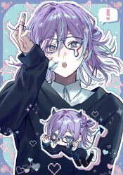 Rule 34 | !, 1boy, :o, alternate costume, bandaged fingers, bandages, bespectacled, black pants, black sweater, blue background, blue hair, blue nails, border, chibi, chibi inset, collared shirt, commentary request, demon boy, demon horns, demon tail, drawn horns, drawn tail, drawn wings, drop shadow, full body, glasses, highres, horns, hoshirube sho, male focus, multicolored hair, nagikiho, nail polish, nijisanji, outline, pants, ponytail, purple hair, shirt, shoes, short ponytail, solo, spoken exclamation mark, streaked hair, sweater, tail, upper body, virtual youtuber, white shirt, white shoes