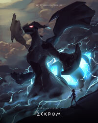 1boy character_name claws commentary copyright_name electricity gen_5_pokemon glowing glowing_eyes hat highres hilbert_(pokemon) jacket kelvin-trainerk legendary_pokemon male_focus nintendo outdoors pants pokemon pokemon_(creature) pokemon_bw short_hair standing twitter_username watermark zekrom zekrom_(overdrive)