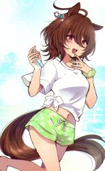 1girl :d agnes_tachyon_(umamusume) ahoge animal_ears blush brown_hair brown_tail chiyakobu earrings green_scrunchie green_shorts hair_between_eyes highres holding holding_test_tube horse_ears horse_girl horse_tail jewelry medium_hair messy_hair midriff navel open_mouth red_eyes scrunchie shirt short_sleeves shorts sidelocks single_earring smile solo t-shirt tail teeth test_tube tied_shirt umamusume upper_teeth_only white_shirt wide_sleeves wrist_scrunchie