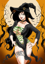 1girl black_choker black_dress black_hair black_hat breasts choker cleavage cowboy_shot cross-laced_clothes dress green_eyes halloween halloween_costume hands_on_own_hips hat kim_possible_(series) kugayama_cannon large_breasts long_hair looking_at_viewer moon nail_polish navel orange_sky parted_lips red_nails shego side_slit sky smile solo very_long_hair witch_hat