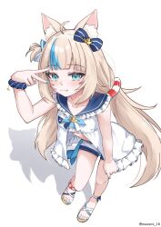1girl ahoge animal_ears blonde_hair blue_eyes blue_hair blue_nails blush cat_ears closed_mouth dress fang fins fish_girl fish_tail highres indie_virtual_youtuber long_hair looking_at_viewer low_twintails multicolored_hair nail_polish noeee one_side_up sameko_saba sandals sleeveless sleeveless_dress smile solo streaked_hair tail twintails v very_long_hair virtual_youtuber white_dress
