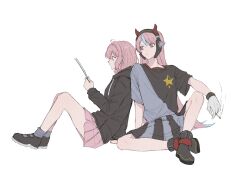 2girls ahoge black_boots black_dress black_hoodie black_shoes blue_dress blue_hair blue_socks boots cigarette closed_mouth crazy_raccoon drawstring dress expressionless fake_horns gloves hair_between_eyes hand_up headphones highres holding holding_cigarette holding_paper hood hood_down hoodie horned_headwear horns indie_utaite knee_up knees_up kusa_mo_chi long_hair long_sleeves multicolored_hair multiple_girls nqrse paper pink_eyes pink_hair pink_skirt pleated_skirt profile purple_eyes red_horns selly55 shoes short_hair short_sleeves simple_background sitting skirt socks streaked_hair two-tone_dress utaite very_long_hair white_background white_gloves