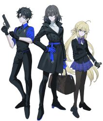 1girl 2boys absurdres ahoge arm_at_side artoria_caster_(fate) artoria_pendragon_(fate) bag belt black_coat black_gloves black_hair black_necktie black_pants black_suit black_vest blonde_hair blue_belt blue_eyes blue_gloves blue_shirt bow chaldea_logo coat collared_coat collared_shirt earrings explosive fate/grand_order fate_(series) formal_clothes fujimaru_ritsuka_(male) gloves green_eyes grenade grey_hair grey_pantyhose gun hair_between_eyes hand_on_own_hip high_collar high_heels highres holding holding_bag holding_grenade holding_gun holding_weapon jewelry long_hair long_sleeves looking_at_viewer miniskirt multiple_boys necktie oberon_(fate) pants pantyhose plaid_bow plaid_clothes plaid_skirt pleated_skirt shirt short_hair sidelocks simple_background skirt sleeves_rolled_up suit sweater turtleneck turtleneck_sweater twintails undershirt vest weapon white_background white_shirt yakudo_trio yurumawari