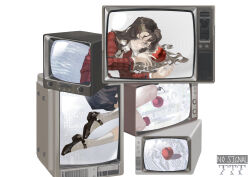1girl absurdres apple bitten_apple black_shoes blue_eyes blue_skirt brown_hair character_name crt food food_bite fruit hair_ornament hairclip highres jacket linghe_linhoo mary_janes monitor red_jacket reverse:1999 shirt shoes skirt static television ttt_(reverse:1999) white_shirt white_shoes