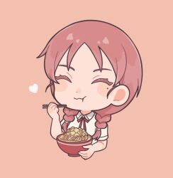 Rule 34 | 1girl, :t, ^ ^, blush stickers, bowl, braid, chibi, chibi only, chopsticks, closed eyes, collared shirt, commentary request, cropped torso, eating, food, futsuu no keion-bu, heart, highres, holding, holding chopsticks, long hair, mole, mole under eye, neck ribbon, red hair, red ribbon, ribbon, school uniform, shirt, short sleeves, simple background, solo, takamine yotsuha, twin braids, twintails, uchida momo, white shirt