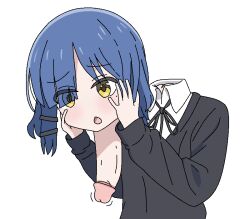 1girl ai-assisted black_jacket blue_hair bocchi_the_rock! dickneck disembodied_head dullahan hair_ornament hairclip hands_on_own_cheeks hands_on_own_face jacket jbxpism misplaced_genitals penis_neck shirt simple_background solo uncensored white_background white_shirt yamada_ryo yellow_eyes