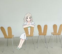 1girl blue_eyes ceras_yanagida_lilienfeld ceras_yanagida_lilienfeld_(summer_casual) chair collarbone dress frilled_dress frills grey_hair hair_ribbon happy_birthday hashtag-only_commentary highres leaning_on_object light_blush link!_like!_love_live! long_hair looking_at_viewer love_live! parted_lips photo_(medium) ribbon shoes sitting solo tottsan white_dress