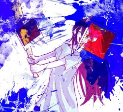 Rule 34 | 1girl, aubrey (faraway) (omori), aubrey (headspace) (omori), aubrey (omori), baseball bat, blue eyes, blue hairband, blue shirt, blush, bow, closed mouth, colored skin, danmuji 07, dual persona, hair bow, hairband, highres, holding, holding baseball bat, long hair, long shirt, looking at viewer, nail (hardware), nail bat, omori, one eye closed, open mouth, pink bow, pink hair, purple hair, shirt, short sleeves, smile, solo, white skin