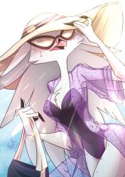 1girl absurdres akuma_nemui bag bird_girl black_one-piece_swimsuit dappled_sunlight furry furry_female hand_on_headwear hat helluva_boss highres one-piece_swimsuit open_clothes open_shirt purple_shirt see-through_clothes see-through_shirt shirt signature solo stella_(helluva_boss) sun_hat sunglasses sunlight swimsuit white_hat
