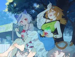 &gt;_&lt; 3girls :d :t animal_ears arm_up bare_shoulders barefoot blue_dress blue_shirt blue_sky bracelet brain_freeze breasts brown_hair circlet cleavage closed_mouth collarbone commission cup dappled_sunlight day detached_sleeves dog_ears dress eating food garasuno gold_circlet green_dress green_hat hat highres holding holding_cup holding_spoon jewelry kawashiro_nitori large_breasts market_stall mitsugashira_enoko monkey_girl monkey_tail multicolored_dress multicolored_hair multiple_girls open_mouth outdoors puffy_short_sleeves puffy_sleeves purple_hair red_eyes shaved_ice shirt short_hair short_sleeves sideboob single_strap sitting skeb_commission sky smile son_biten spoon streaked_hair sunlight sweat tail teeth touhou tree upper_teeth_only white_hair white_sleeves yellow_dress |_|