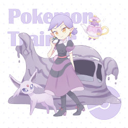 1girl akasaka_(qv92612) amity_blight boots creatures_(company) dress earrings espeon floating floating_earring game_freak gen_1_pokemon gen_2_pokemon gen_8_pokemon hair_bun high_heel_boots high_heels highres holding holding_poke_ball jewelry muk multicolored_hair nintendo pointy_ears poke_ball poke_ball_symbol pokemon pokemon_(creature) polteageist purple_dress single_hair_bun smile standing the_owl_house two-tone_hair yellow_eyes