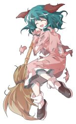 Rule 34 | 1girl, alphes (style), animal ears, back, bamboo broom, black shoes, breasts, broom, commentary request, dairi, defeat, dress, full body, green hair, hair between eyes, hand up, holding, holding broom, kasodani kyouko, large variant set, parody, pink dress, shoes, short hair, socks, solo, style parody, tachi-e, torn clothes, touhou, transparent background, variant set, white socks