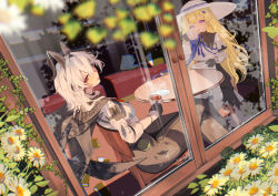 2girls black_gloves black_horns black_jacket black_pants blonde_hair blowing blue_gemstone blue_sash breasts chromatic_aberration closed_mouth coffee_mug commentary crossed_legs cup curled_horns from_outside gem gloves hair_between_eyes hair_ornament hat highres holding holding_cup horns indoors jacket jacket_on_shoulders kyo_no_neko large_breasts long_hair looking_at_viewer mug multiple_girls pants phoebe_(wuthering_waves) purple_eyes red_eyes sash shirt sitting skirt smile table white_hat white_shirt white_skirt wuthering_waves x_hair_ornament zani_(wuthering_waves)