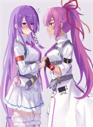 2girls blush braid breasts chest_harness coat dark_skin hair_ribbon harness heaven_burns_red highres interlocked_fingers kura_satomi large_breasts lidce long_hair low-tied_long_hair multiple_girls necktie pink_hair ponytail red_eyes red_ribbon ribbon thighhighs tsukishiro_monaka very_long_hair white_thighhighs yuri