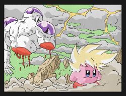 Rule 34 | 2boys, blonde hair, blood, colored skin, cosplay, crossover, dragon ball, dragonball z, electricity, final form frieza, floating hair, frieza, highres, kirby, kirby (series), looking at another, medium hair, multiple boys, nintendo, son goku, son goku (cosplay), spiked hair, super saiyan, super saiyan 1, wesatinthecar, white skin