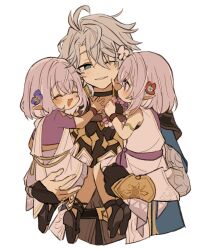Rule 34 | 1boy, 2girls, aged down, ahoge, black gloves, blue eyes, carrying, carrying person, castorice (honkai: star rail), cropped torso, dress, fingerless gloves, flower, gloves, hair flower, hair ornament, honkai: star rail, honkai (series), iwashi (iwashi008), multiple girls, one eye closed, phainon (honkai: star rail), pointy ears, polyxia (honkai: star rail), purple eyes, purple hair, short hair, siblings, simple background, sisters, white background, white dress