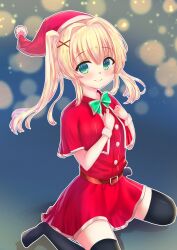 1girl 2022 absurdres alternate_costume belt black_thighhighs blonde_hair blue_background blush bow bowtie capelet christmas closed_mouth commentary dated_commentary dress eyes_visible_through_hair foot_out_of_frame green_bow green_bowtie green_eyes hair_between_eyes hair_intakes hair_ornament hands_up hat highres kokoroofiscream long_hair looking_at_viewer no_shoes outline pom_pom_(clothes) red_belt red_capelet red_dress red_hat ringed_eyes santa_costume santa_dress santa_hat short_dress sidelocks simple_background sitting smile solo summer_pockets thighhighs tsumugi_wenders twintails wariza white_outline white_wrist_cuffs wrist_cuffs x_hair_ornament zettai_ryouiki