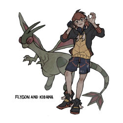 1boy :d absurdres alternate_skin_color black_hoodie black_shoes character_name claw_pose collared_shirt commentary_request flygon gen_3_pokemon gloves hands_up headband highres hood hood_down hoodie ichi_kawa_ichi knees male_focus nintendo open_mouth pokemon pokemon_(creature) pokemon_swsh raihan_(pokemon) shirt shoes shorts simple_background single_glove smile standing tassel white_background