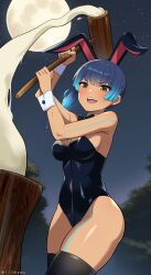 1girl absurdres animal_ears blue_hair bow bowtie brown_eyes detached_collar fiery_hair food full_moon highres kine leotard mallet mochi mochitsuki moon namu_(112namu) night playboy_bunny rabbit_ears sena_(xenoblade) side_ponytail sweat thighhighs thighs wrist_cuffs xenoblade_chronicles_(series) xenoblade_chronicles_3