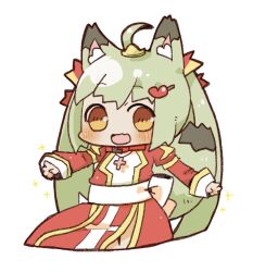 Rule 34 | 1girl, ahoge, animal ear fluff, animal ears, blush, chibi, chibi only, commentary request, cowboy shot, dress, fox ears, fox girl, fox tail, green hair, hair ornament, heart, heart hair ornament, high priest (ragnarok online), juliet sleeves, long hair, long sleeves, looking at viewer, open mouth, orange eyes, puffy sleeves, ragnarok masters, ragnarok online, red dress, sash, simple background, smile, solo, tail, tanaka yuugo, twintails, two-tone dress, white background, white dress, white sash