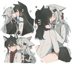 2girls anger_vein animal_ears arknights black_gloves black_hair black_nails black_necktie black_skirt blush closed_eyes closed_mouth gloves grey_vest hair_ornament hairclip heart highres jacket kiss kissing_cheek lappland_(arknights) long_hair multiple_girls necktie one_eye_closed open_mouth orange_eyes pleated_skirt red_gloves red_shirt seri_(vyrlw) shirt simple_background skirt smile tail texas_(arknights) vest white_background white_jacket wolf_ears wolf_girl wolf_tail yuri
