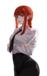 1girl black_necktie black_pants chainsaw_man closed_mouth collared_shirt commentary crossed_arms high-waist_pants highres long_hair makima_(chainsaw_man) necktie pants red_eyes red_hair ringed_eyes shirt sidelocks simple_background solo ushi_yo white_background white_shirt
