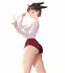 1girl absurdres black_shorts breasts brown_hair closed_eyes closed_mouth commentary dolphin_shorts feet_out_of_frame from_side highres light_blush long_sleeves medium_breasts original red_shorts shirt short_hair short_shorts shorts simple_background sleeves_past_wrists smile solo symbol-only_commentary thick_thighs thighs v white_background white_shirt wonbin_lee