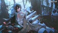 Rule 34 | 1girl, absurdres, alternate costume, bare legs, black hair, breasts, bridal veil, cleavage, collarbone, dress, flower, hair between eyes, hair flower, hair ornament, high heels, highres, indoors, long hair, looking at viewer, looking to the side, lucia: pyroath (pgr), lucia (pgr), medium breasts, official alternate costume, official art, official wallpaper, open mouth, punishing: gray raven, red eyes, red streaks, sitting, sitting on stairs, solo, stairs, twintails, veil, very long hair, wedding dress, white dress