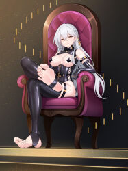 1girl armchair barefoot chair crossed_legs dominatrix feet genshin_impact gloves grey_hair highres istaroth_(genshin_impact) long_hair looking_at_viewer pasties sitting soles stirrup_legwear toeless_legwear toes yayu_(user_ykug3338) yellow_eyes