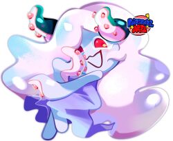 Rule 34 | 1girl, bare shoulders, blue skin, colored skin, commentary, cookie run, cookie run: kingdom, dress, english commentary, flipsterzartz, full body, hand on own face, highres, long hair, looking at viewer, molly (omori), monster girl, official style, omori, open mouth, purple dress, red eyes, scylla, simple background, sleeveless, sleeveless dress, smile, solo, tentacle hair, tentacle hands, tentacles, very long hair, watermark, wavy hair, white background, white hair