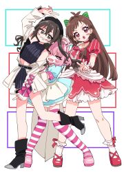 #unicus_(idolmaster) 3girls absurdres ahoge antenna_hair apron aqua_dress aqua_hair black_hat black_shirt black_shoes black_skirt blush_stickers bow breasts brown_eyes brown_hair coat colored_inner_hair dress fanged_bangs green_bow hair_bow hair_intakes hat highres idolmaster idolmaster_cinderella_girls idolmaster_cinderella_girls_starlight_stage long_hair looking_at_viewer medium_hair multicolored_hair multiple_girls nurse_cap one_side_up open_mouth pink_dress pink_eyes pink_hair pink_shoes pink_thighhighs shirt shoes short_sleeves skirt smile socks sukoyaka_(100hituzi) sunazuka_akira thighhighs tsujino_akari two-tone_hair two-tone_thighhighs white_apron white_background white_coat white_hat white_socks white_thighhighs yumemi_riamu