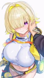 1boy 1girl ahoge blonde_hair blush breasts commander_(nikke) commentary_request cropped_jacket elegg_(nikke) from_above goddess_of_victory:_nikke hair_intakes highres kunimoto_rikuya large_breasts looking_at_viewer mixed-language_commentary navel purple_eyes short_hair short_shorts shorts white_background