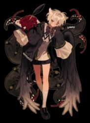 1boy animal_ears black_background black_jacket black_shorts black_wings blonde_hair book brown_eyes extra_mouth feathered_wings full_body hands_up highres holding holding_book jacket kneehighs looking_at_viewer male_focus original quill short_hair shorts simple_background sleeves_past_fingers sleeves_past_wrists socks solo tentacles very_long_sleeves wings ze0reo