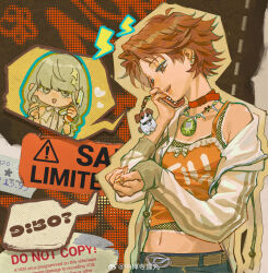 2girls :d animal_charm artist_name belt brown_belt brown_eyes brown_hair camisole cellphone charm_(object) chibi chinese_commentary collar colored_speech_bubble commentary_request curtained_hair dog dotted_background ear_piercing earrings english_text eyebrows_hidden_by_hair fingernails flat_chest flip_phone frilled_camisole frills genderswap genderswap_(mtf) grey_eyes grey_hair hair_ornament hanamura_yousuke highres holding holding_phone jacket jewelry lace-trimmed_camisole lace_trim long_fingernails long_hair long_sleeves midriff multiple_girls nail_art narukami_yu navel neck_ribbon open_clothes open_jacket open_mouth orange_camisole orange_nails persona persona_4 phone piercing polka_dot polka_dot_camisole profile red_collar ribbon shout_lines single_off_shoulder sleeveless smile speech_bubble spoken_character star_(symbol) star_hair_ornament stud_earrings talking_on_phone tamagotchi tamagotchi_(classic) tamagotchi_(virtual_pet) teeth upper_body watermark weibo_watermark white_jacket white_ribbon xt1125cj y2k_fashion yuri