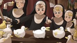 4girls :d :t ^_^ arm_grab balloon beak bird blonde_hair blue_eyes brown_eyes brown_hair cheek_bulge chicken clinging closed_eyes clumsy_nun_(diva) commentary corn cup curtains dirty dirty_clothes diva_(hyxpk) drawing duck duckling english_commentary food food_on_body food_on_face froggy_nun_(diva) grey_hair habit hand_on_another&#039;s_shoulder hat head_on_another&#039;s_shoulder highres holding holding_cup holding_saucer little_nuns_(diva) mole mole_under_mouth monocle multiple_girls nun open_mouth painting_(object) pointing poster_(object) rabbit saucer slice_of_life smile smug_nun_(diva) soup spicy_nun_(diva) spilling sweatdrop top_hat traditional_nun triangle_mouth yellow_eyes