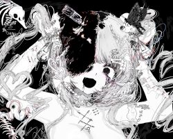 1girl black_background black_blood black_eyes blood blood_on_face bug butterfly crying crying_with_eyes_open fang fangs highres horror_(theme) injury insect light_bulb looking_at_viewer open_mouth pakiruchang patch piercing simple_background skin_fangs spine tears white_hair