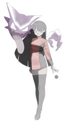 1girl black_hair black_thighhighs blunt_bangs closed_mouth dress full_body gen_1_pokemon haunter highres long_hair long_sleeves looking_at_viewer nintendo pokemon pokemon_(creature) pokemon_rgby sabrina_(pokemon) simple_background skirt smile straight_hair thighhighs white_background zubuzubu_(gogo_zubu)