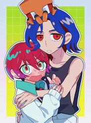 1boy 1girl amate_yuzuriha aqua_eyes blue_hair blush border collared_shirt colored_inner_hair conch_(gundam) grid_background gundam gundam_gquuuuuux highres hug karaage_bentou_(28grtm) long_sleeves looking_at_viewer lower_eyelashes_only multicolored_hair necktie non-humanoid_robot open_mouth red_eyes red_hair robot school_uniform shirt short_hair shuji_ito sleeveless sweat sweater tank_top two-tone_hair upper_body