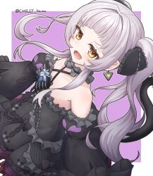 1girl black_bow black_choker black_dress bow cat_tail chiriwi choker dress earrings frilled_choker frilled_dress frills grey_hair hair_bow hololive jewelry long_hair looking_at_viewer murasaki_shion murasaki_shion_(gothic_lolita) open_mouth short_eyebrows smile solo tail triangle_earrings twintails very_long_hair virtual_youtuber