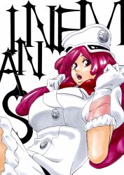 Rule 34 | 1girl, :o, alpen no koyari, bleach, bleach: sennen kessen-hen, bow, bowtie, breasts, buttons, character name, clenched hands, commentary, cowboy shot, curly hair, double-breasted, eyebrows hidden by hair, eyelashes, fur-trimmed gloves, fur trim, gloves, hands up, hat, highres, jacket, kubo tite (style), large breasts, long hair, looking at viewer, meninas mcallon, military hat, military uniform, nose, official style, open mouth, parted lips, peaked cap, pink eyes, pink hair, red bow, red bowtie, simple background, skirt, solo, tareme, teeth, tongue, white background, white gloves, white hat, white jacket, white skirt