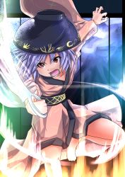 1girl bad_feet barefoot bowl bowl_hat female_focus hat japanese_clothes kimono looking_at_viewer needle nyohe_(637296) obi open_mouth purple_eyes purple_hair sash short_hair slashing solo sukuna_shinmyoumaru touhou