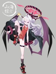 1girl absurdres ahoge alternate_costume belt black_belt black_halo black_jacket black_socks black_wings blue_archive breasts china_dress chinese_clothes closed_mouth commentary_request cosplay covered_navel dress fighting_stance full_body grey_background hair_between_eyes hair_bun halo highres hina_(blue_archive) jacket jacket_on_shoulders koflif long_hair purple_eyes red_shoes reijo_(blue_archive) reijo_(blue_archive)_(cosplay) shoes simple_background single_hair_bun small_breasts socks solo standing standing_on_one_leg thigh_belt thigh_strap white_hair wings