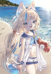 1girl ahoge animal_ears beach blonde_hair blue_bow blue_collar blue_eyes blue_hair blue_scrunchie bow breasts cat_ears collar dress fins fish_girl fish_tail frilled_shirt_collar frills hair_bow highres indie_virtual_youtuber kaniki_(sameko_saba) long_hair looking_at_viewer multicolored_hair navel open_clothes open_dress open_mouth sameko_saba sand scrunchie sleeveless sleeveless_dress small_breasts solo streaked_hair tail user_mwvh8878 very_long_hair virtual_youtuber water white_dress