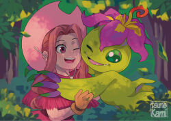 Rule 34 | brown eyes, brown hair, digimon, digimon (creature), digimon adventure, flower, highres, long hair, monster girl, palmon, petals, plant girl, sharp teeth, tachikawa mimi, teeth