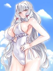 1girl aged_up alternate_breast_size blue_sky breasts cosplay covered_erect_nipples hakkai hand_on_own_hip highres jewelry kantai_collection large_breasts long_hair looking_at_viewer murakumo_(kancolle) one-piece_swimsuit ring sagiri_(kancolle) sagiri_(kancolle)_(cosplay) sagiri_(swimsuit)_(kancolle) sidelocks sky solo swimsuit wedding_ring white_hair yellow_eyes