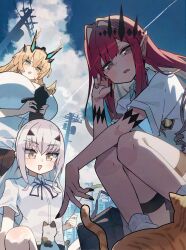3girls alternate_costume baobhan_sith_(fate) barghest_(fate) blonde_hair breasts fate/grand_order fate_(series) forked_eyebrows green_eyes grey_eyes highres horns huge_breasts jewelry katsu_(katsupainter) long_hair looking_at_viewer melusine_(fate) multiple_girls pointy_ears red_hair school_uniform sidelocks summer_uniform tall_female tiara yellow_eyes